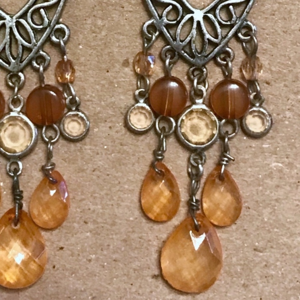 Boho Silver & Orange Drop Dangle Earrings - Picture 3 of 3